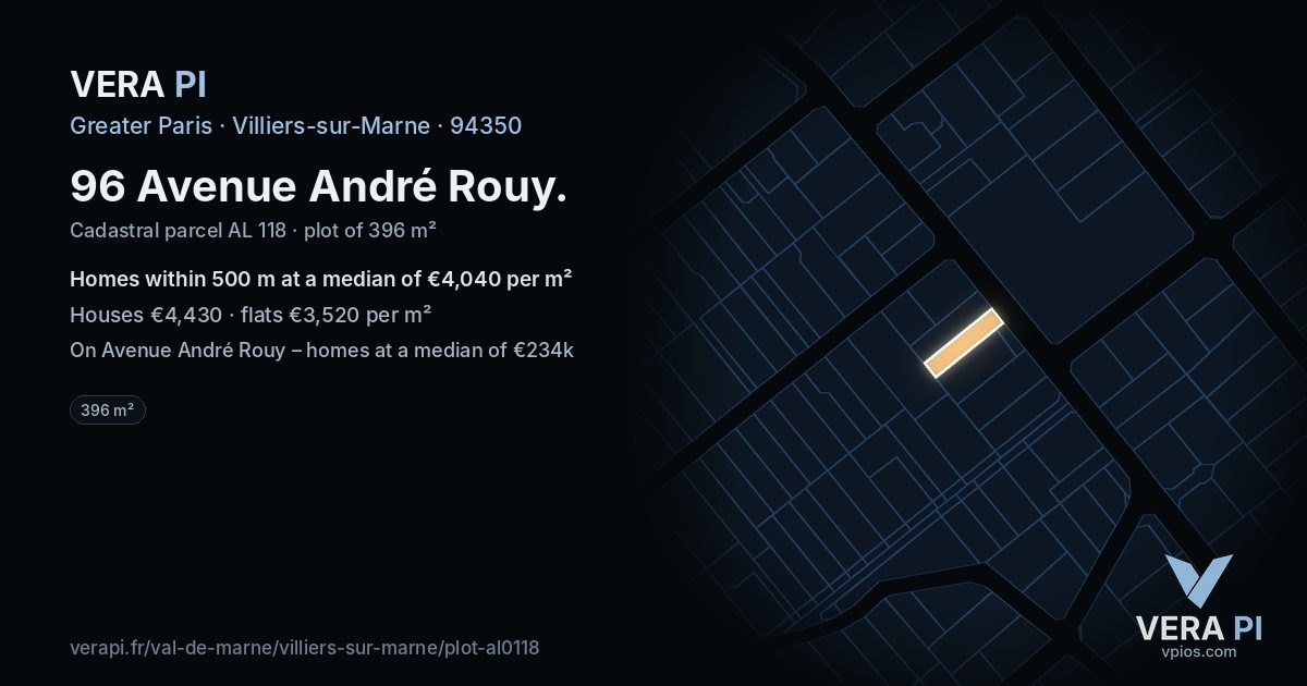 96 Avenue André Rouy, Villiers-sur-Marne at night – the plot lit, the parcels around coloured by the prices near them