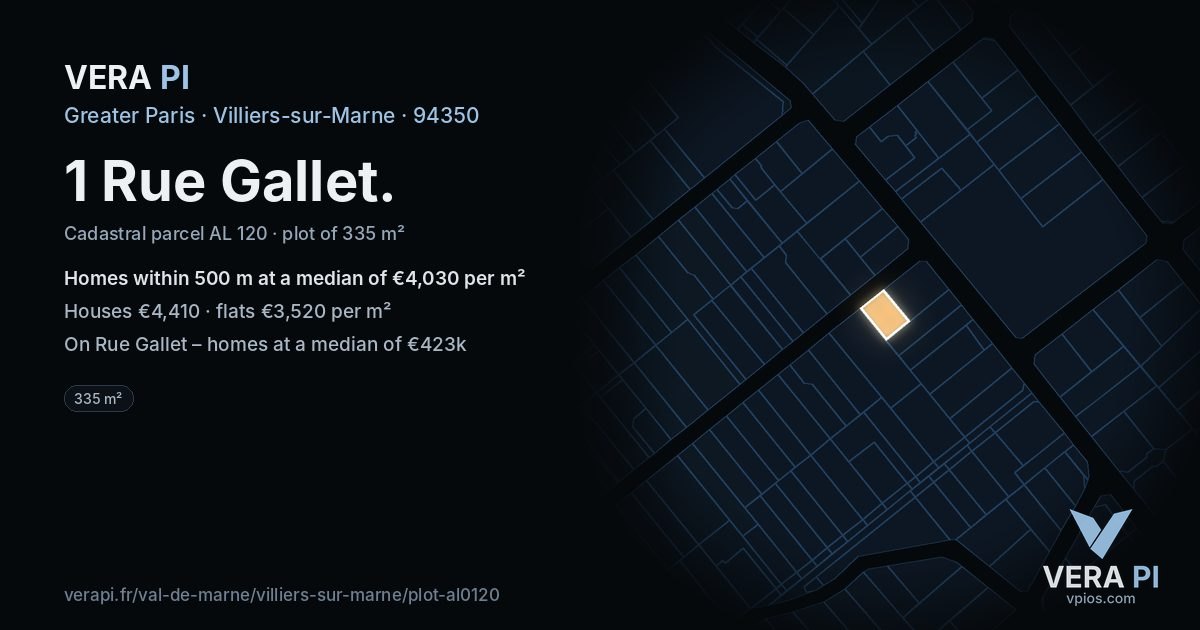 1 Rue Gallet, Villiers-sur-Marne at night – the plot lit, the parcels around coloured by the prices near them