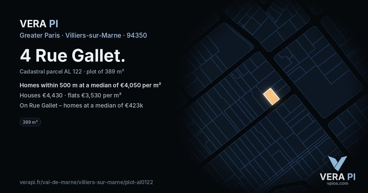 4 Rue Gallet, Villiers-sur-Marne at night – the plot lit, the parcels around coloured by the prices near them