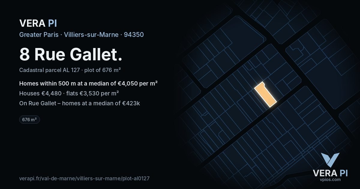 8 Rue Gallet, Villiers-sur-Marne at night – the plot lit, the parcels around coloured by the prices near them