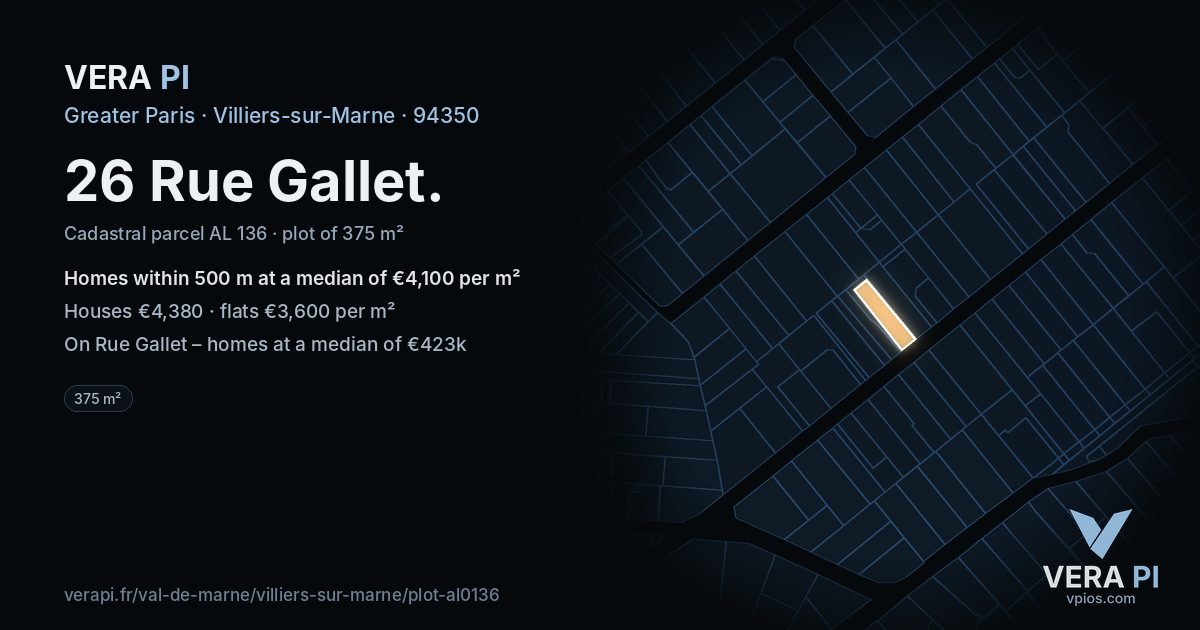 26 Rue Gallet, Villiers-sur-Marne at night – the plot lit, the parcels around coloured by the prices near them