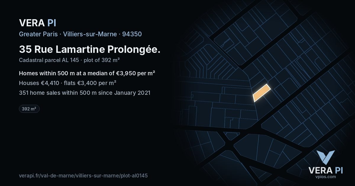 35 Rue Lamartine Prolongée, Villiers-sur-Marne at night – the plot lit, the parcels around coloured by the prices near them