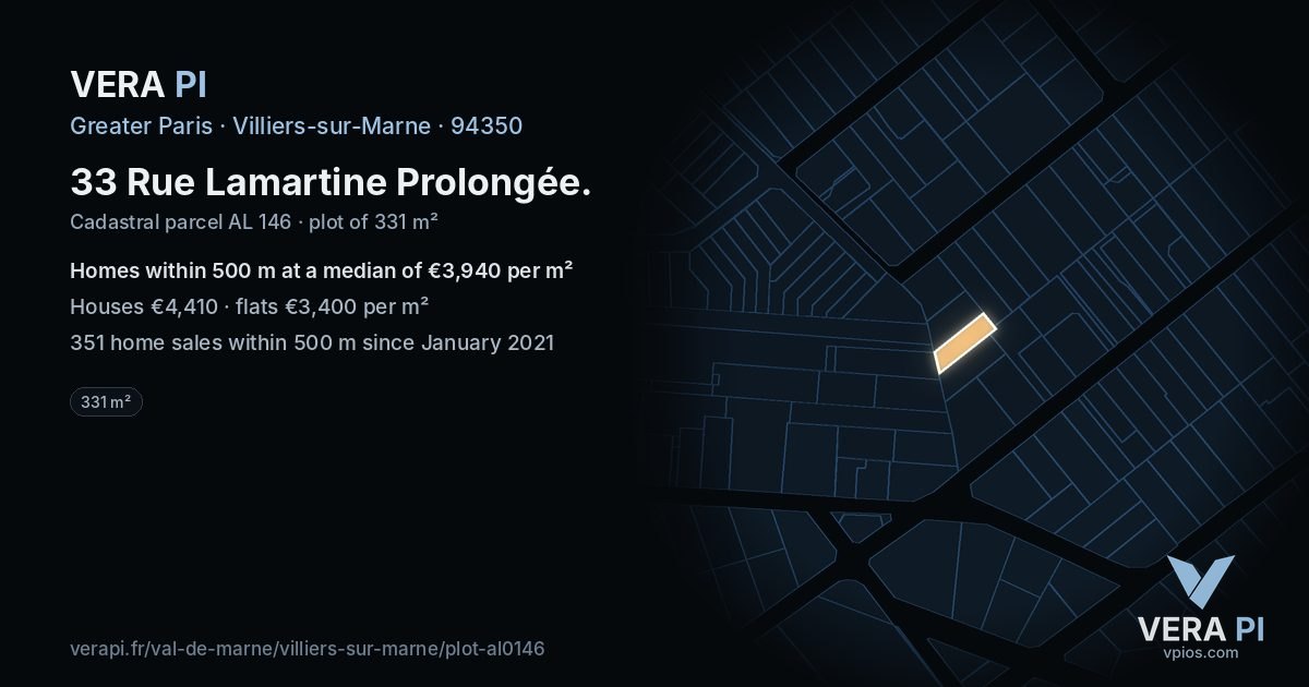 33 Rue Lamartine Prolongée, Villiers-sur-Marne at night – the plot lit, the parcels around coloured by the prices near them
