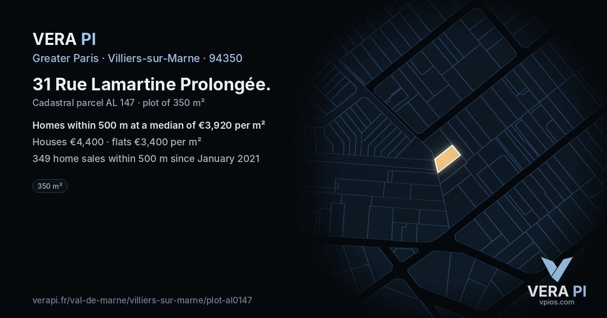 31 Rue Lamartine Prolongée, Villiers-sur-Marne at night – the plot lit, the parcels around coloured by the prices near them