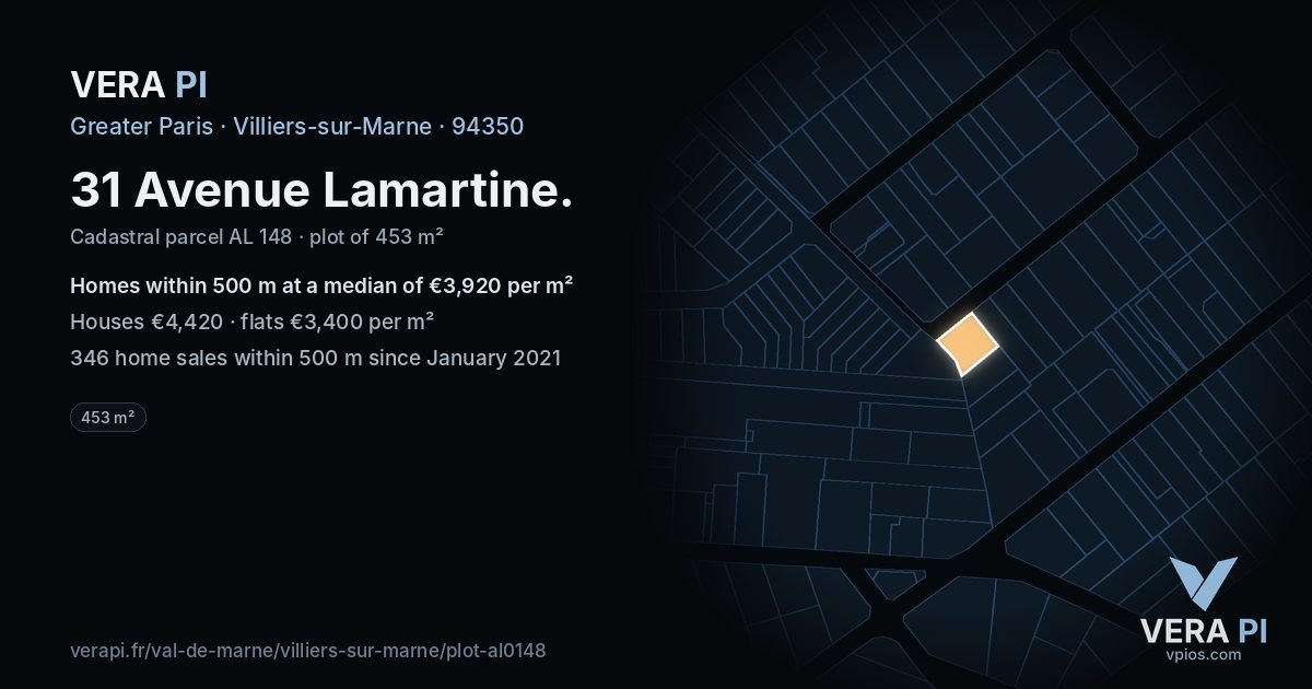 31 Avenue Lamartine, Villiers-sur-Marne at night – the plot lit, the parcels around coloured by the prices near them