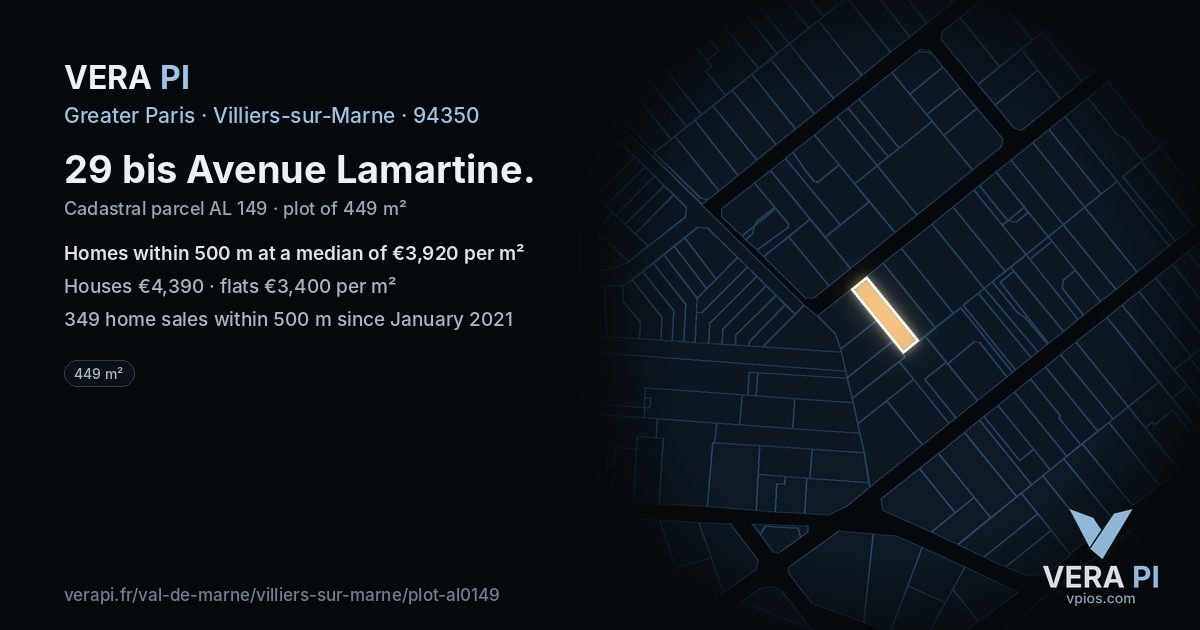 29 bis Avenue Lamartine, Villiers-sur-Marne at night – the plot lit, the parcels around coloured by the prices near them