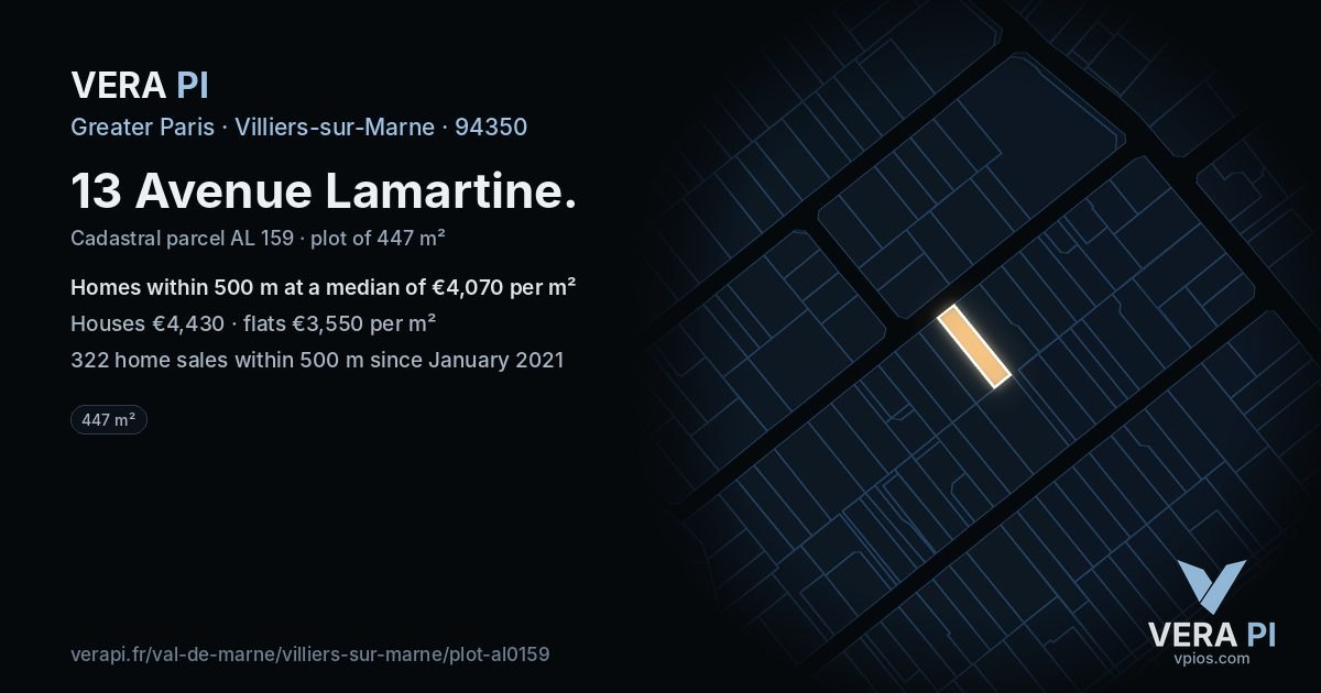 13 Avenue Lamartine, Villiers-sur-Marne at night – the plot lit, the parcels around coloured by the prices near them