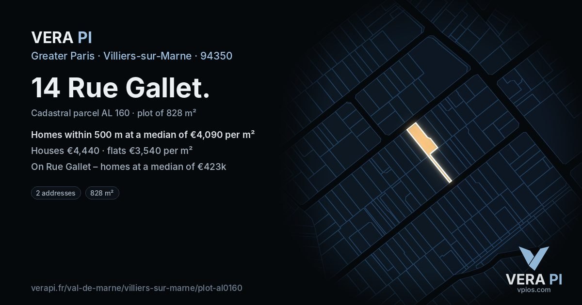 14 Rue Gallet, Villiers-sur-Marne at night – the plot lit, the parcels around coloured by the prices near them