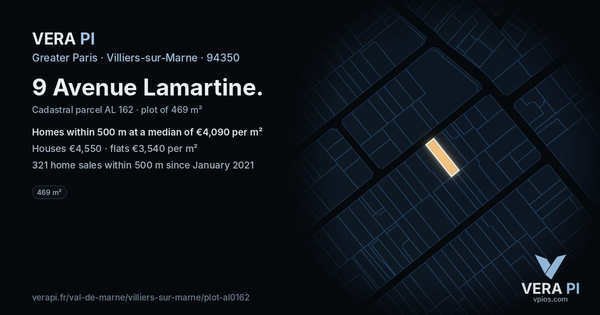 9 Avenue Lamartine, Villiers-sur-Marne at night – the plot lit, the parcels around coloured by the prices near them