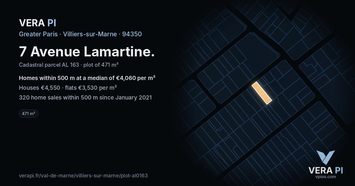 7 Avenue Lamartine, Villiers-sur-Marne at night – the plot lit, the parcels around coloured by the prices near them