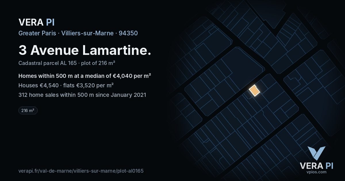 3 Avenue Lamartine, Villiers-sur-Marne at night – the plot lit, the parcels around coloured by the prices near them