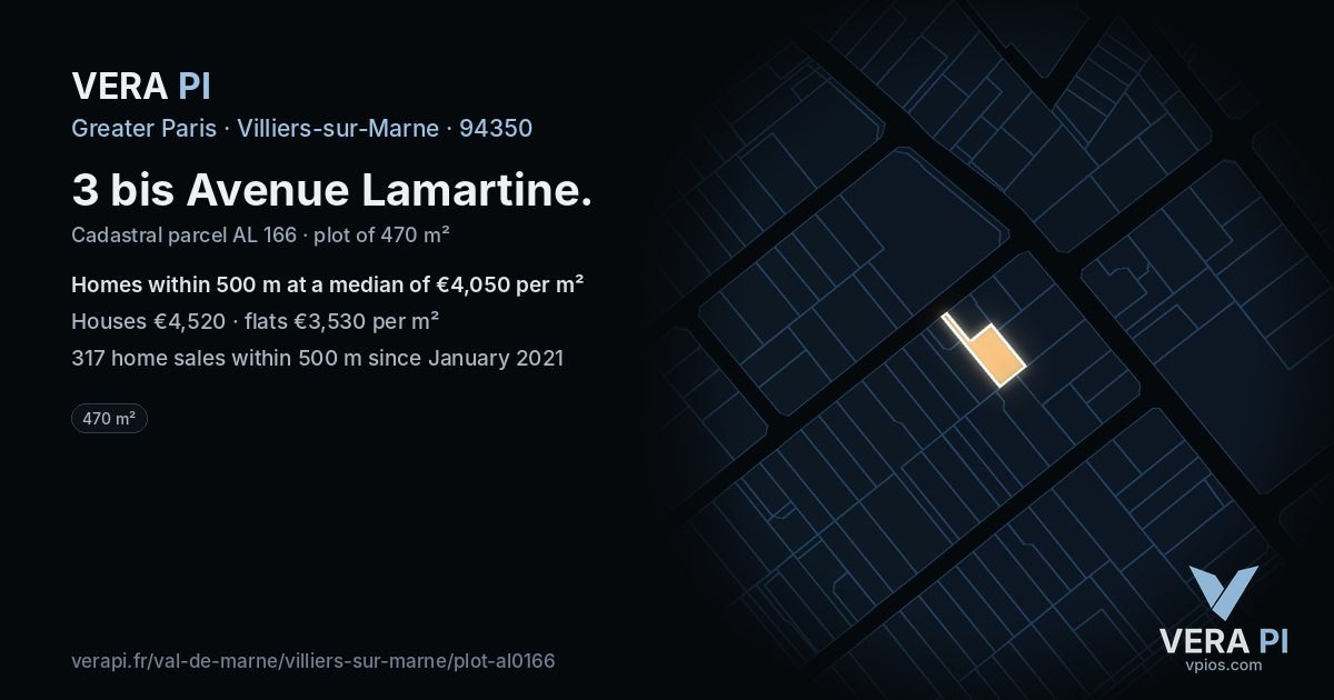 3 bis Avenue Lamartine, Villiers-sur-Marne at night – the plot lit, the parcels around coloured by the prices near them