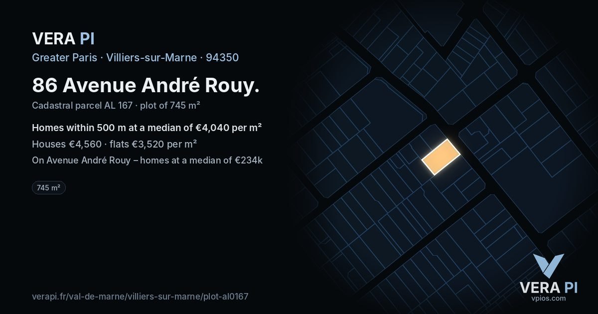 86 Avenue André Rouy, Villiers-sur-Marne at night – the plot lit, the parcels around coloured by the prices near them
