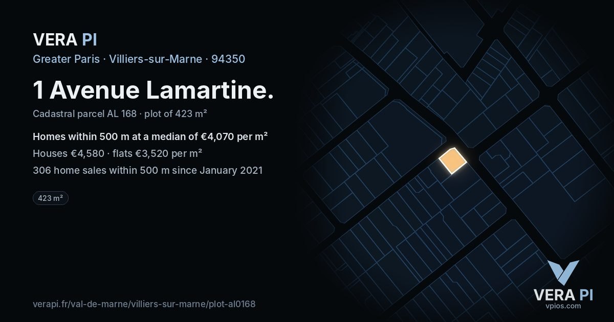 1 Avenue Lamartine, Villiers-sur-Marne at night – the plot lit, the parcels around coloured by the prices near them