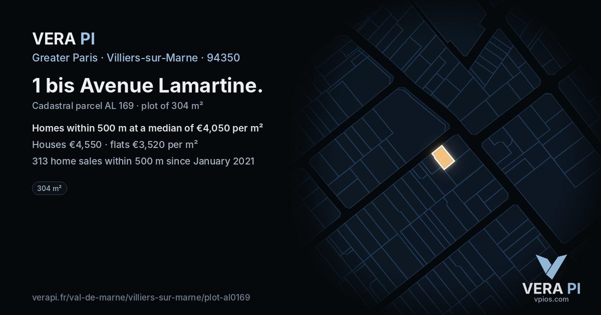 1 bis Avenue Lamartine, Villiers-sur-Marne at night – the plot lit, the parcels around coloured by the prices near them