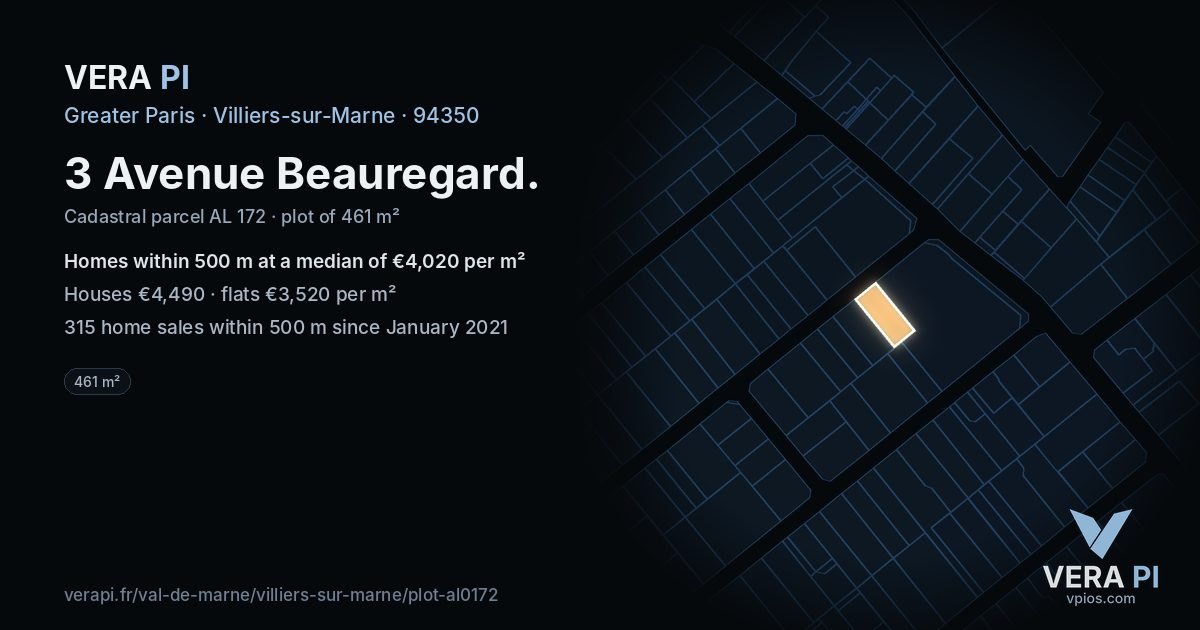 3 Avenue Beauregard, Villiers-sur-Marne at night – the plot lit, the parcels around coloured by the prices near them