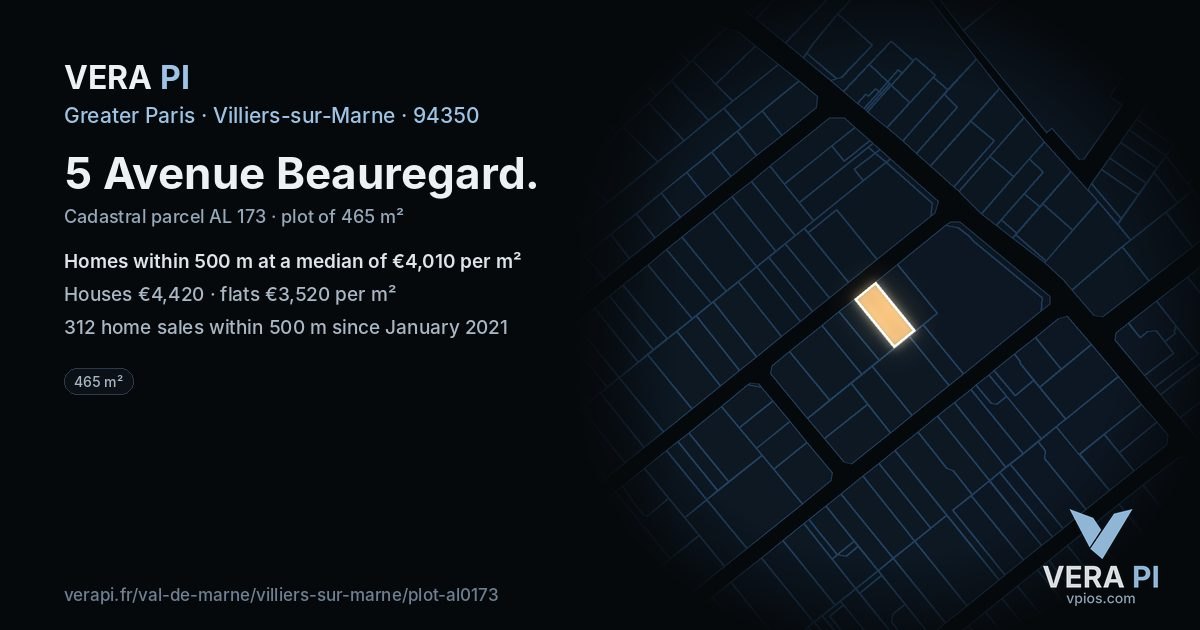 5 Avenue Beauregard, Villiers-sur-Marne at night – the plot lit, the parcels around coloured by the prices near them