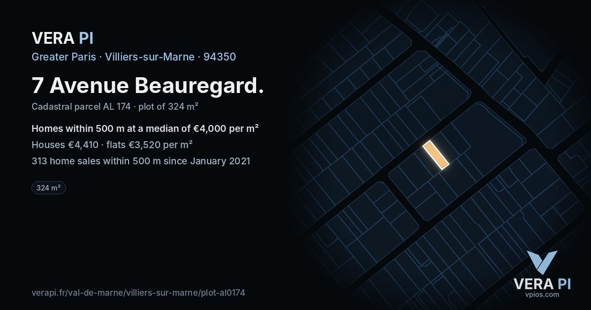 7 Avenue Beauregard, Villiers-sur-Marne at night – the plot lit, the parcels around coloured by the prices near them