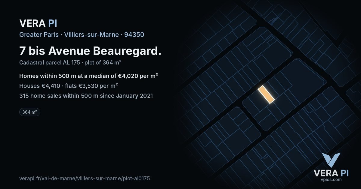 7 bis Avenue Beauregard, Villiers-sur-Marne at night – the plot lit, the parcels around coloured by the prices near them