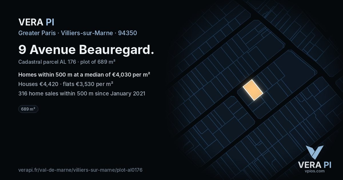 9 Avenue Beauregard, Villiers-sur-Marne at night – the plot lit, the parcels around coloured by the prices near them