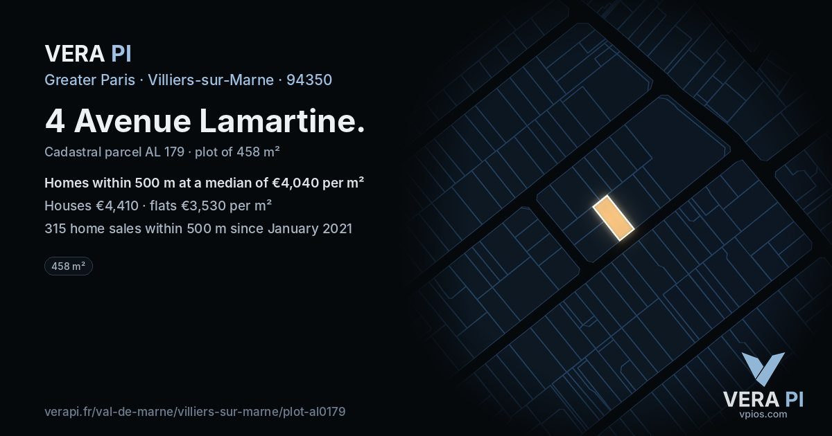 4 Avenue Lamartine, Villiers-sur-Marne at night – the plot lit, the parcels around coloured by the prices near them
