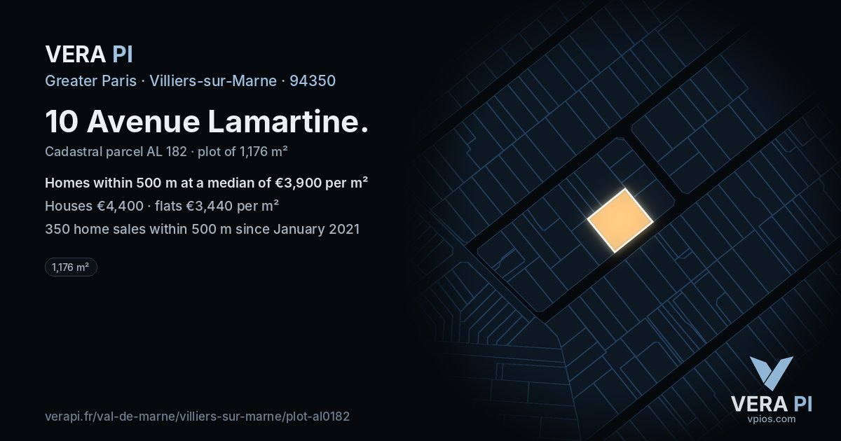 10 Avenue Lamartine, Villiers-sur-Marne at night – the plot lit, the parcels around coloured by the prices near them