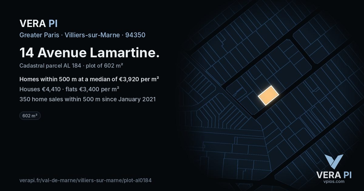14 Avenue Lamartine, Villiers-sur-Marne at night – the plot lit, the parcels around coloured by the prices near them