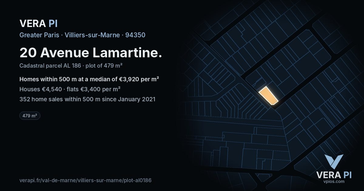 20 Avenue Lamartine, Villiers-sur-Marne at night – the plot lit, the parcels around coloured by the prices near them