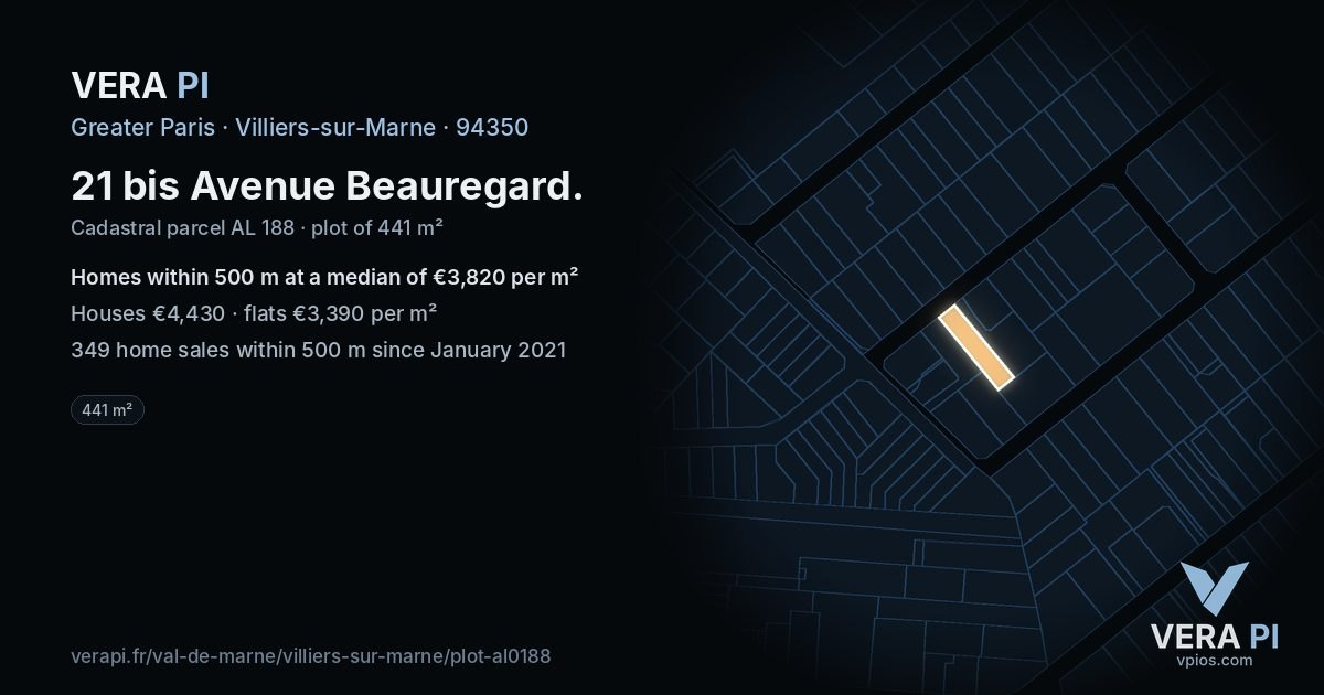 21 bis Avenue Beauregard, Villiers-sur-Marne at night – the plot lit, the parcels around coloured by the prices near them