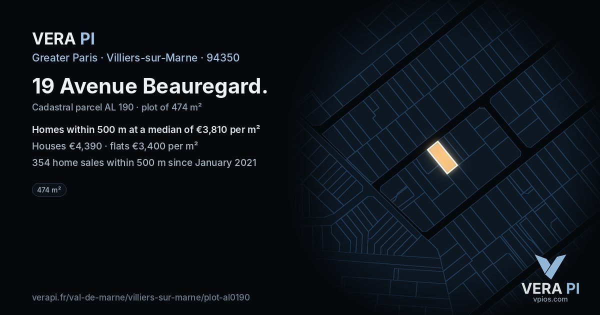 19 Avenue Beauregard, Villiers-sur-Marne at night – the plot lit, the parcels around coloured by the prices near them