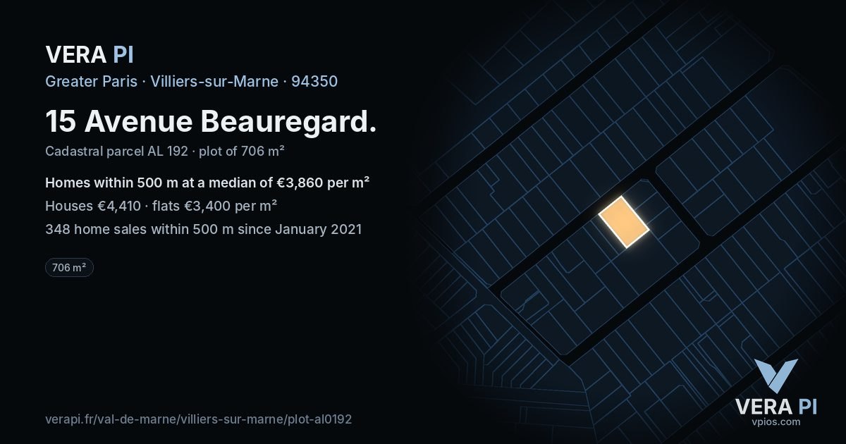 15 Avenue Beauregard, Villiers-sur-Marne at night – the plot lit, the parcels around coloured by the prices near them