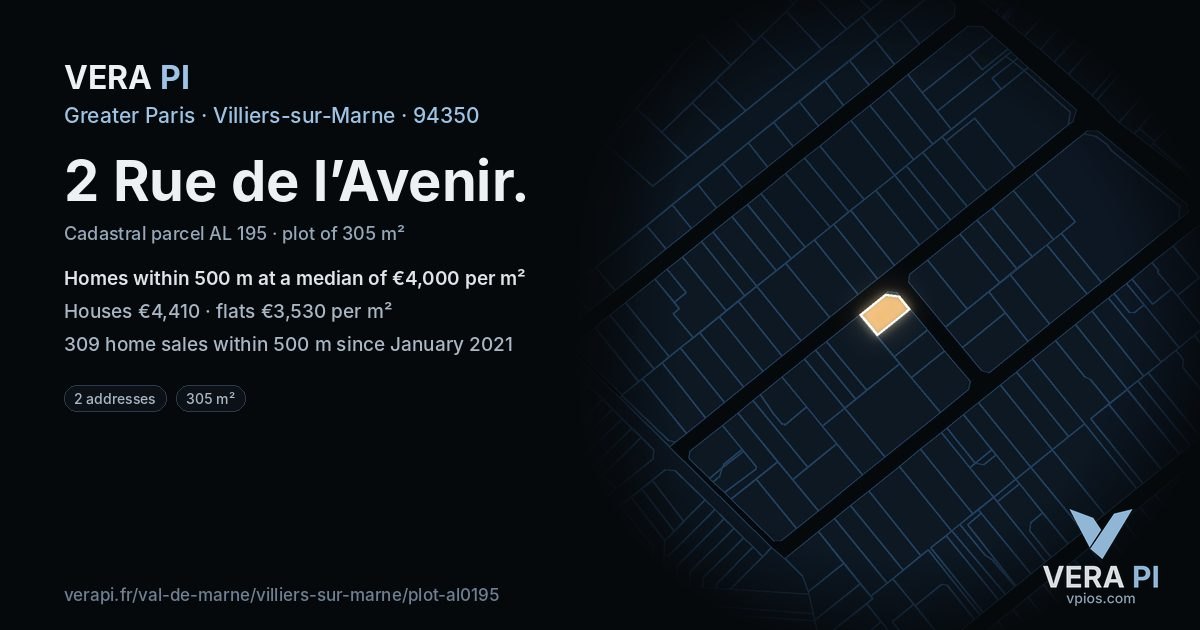 2 Rue de l’Avenir, Villiers-sur-Marne at night – the plot lit, the parcels around coloured by the prices near them