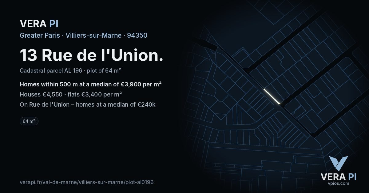 13 Rue de l'Union, Villiers-sur-Marne at night – the plot lit, the parcels around coloured by the prices near them