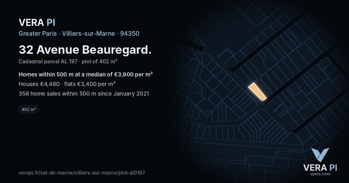 32 Avenue Beauregard, Villiers-sur-Marne at night – the plot lit, the parcels around coloured by the prices near them