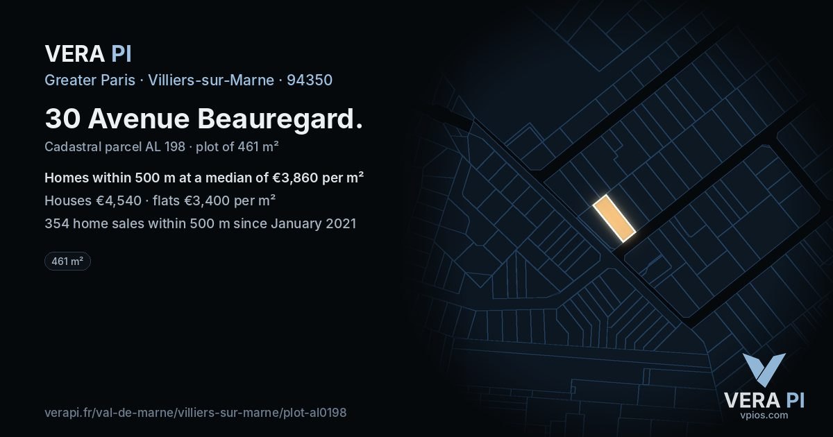 30 Avenue Beauregard, Villiers-sur-Marne at night – the plot lit, the parcels around coloured by the prices near them