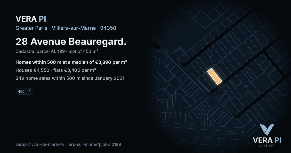 28 Avenue Beauregard, Villiers-sur-Marne at night – the plot lit, the parcels around coloured by the prices near them