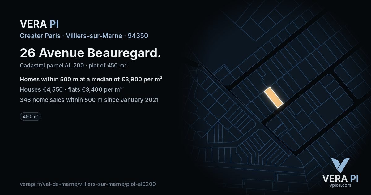 26 Avenue Beauregard, Villiers-sur-Marne at night – the plot lit, the parcels around coloured by the prices near them