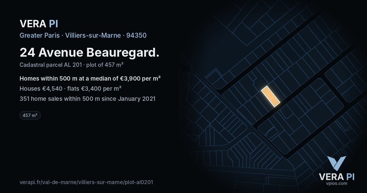 24 Avenue Beauregard, Villiers-sur-Marne at night – the plot lit, the parcels around coloured by the prices near them