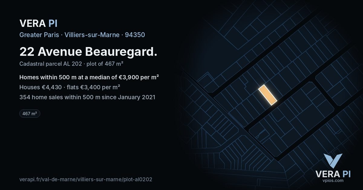22 Avenue Beauregard, Villiers-sur-Marne at night – the plot lit, the parcels around coloured by the prices near them