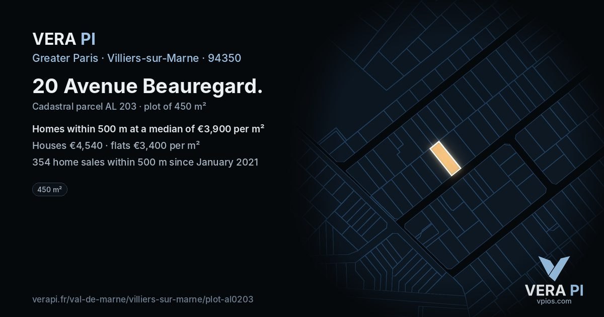 20 Avenue Beauregard, Villiers-sur-Marne at night – the plot lit, the parcels around coloured by the prices near them