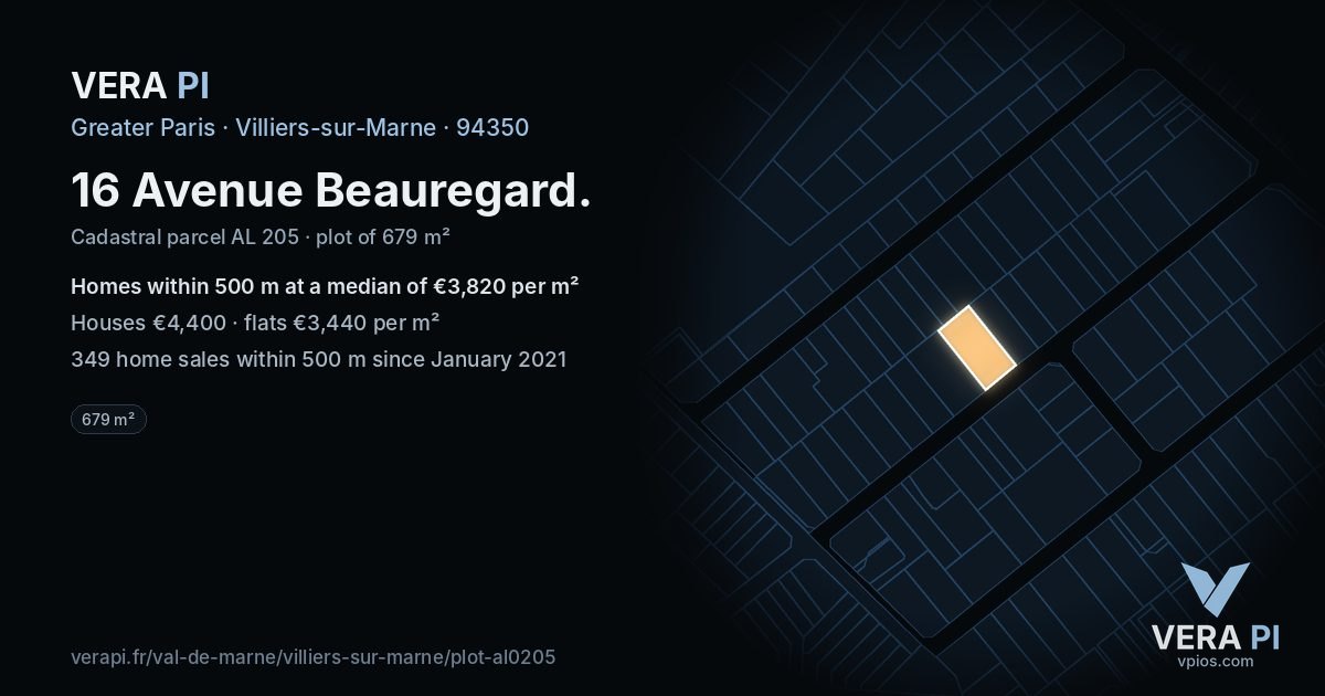 16 Avenue Beauregard, Villiers-sur-Marne at night – the plot lit, the parcels around coloured by the prices near them