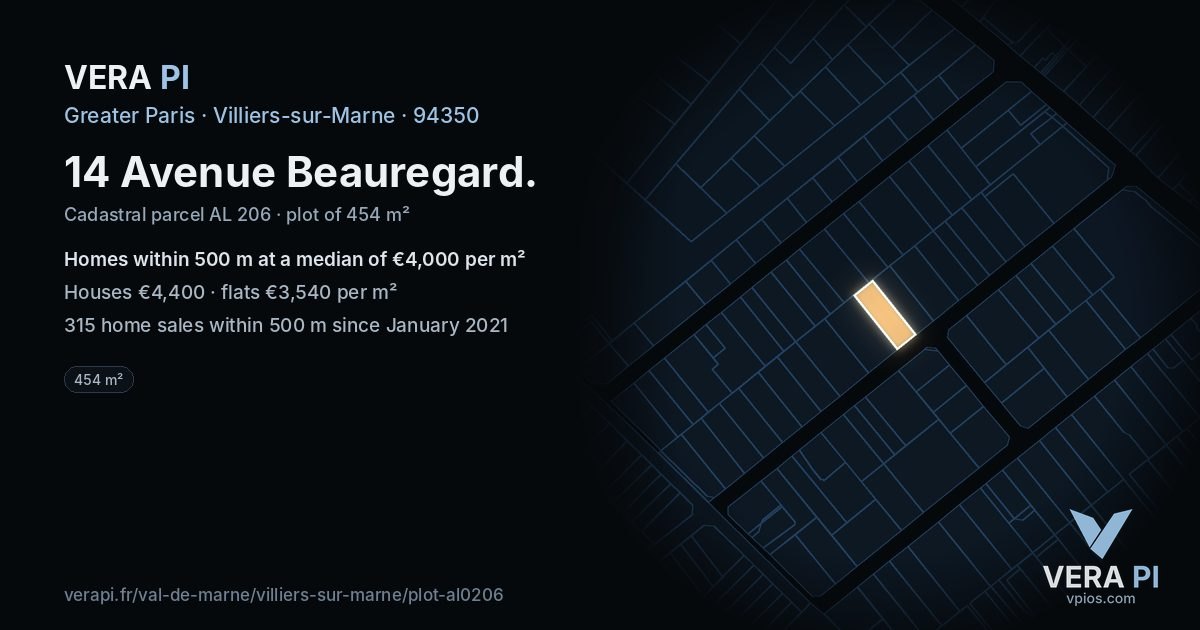 14 Avenue Beauregard, Villiers-sur-Marne at night – the plot lit, the parcels around coloured by the prices near them