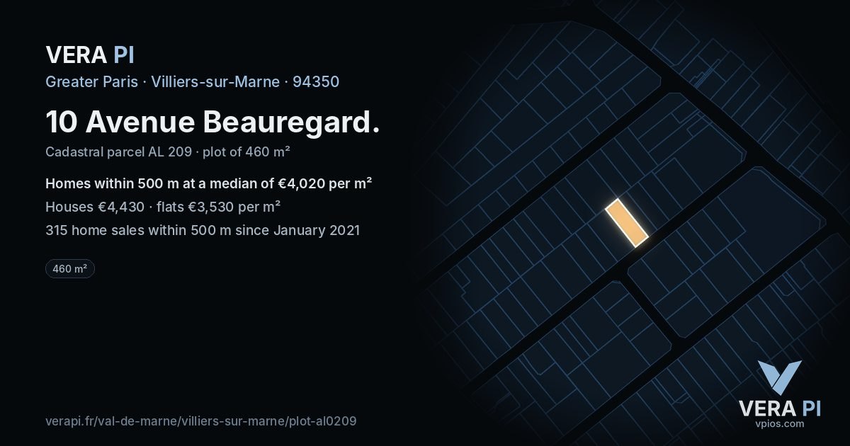 10 Avenue Beauregard, Villiers-sur-Marne at night – the plot lit, the parcels around coloured by the prices near them