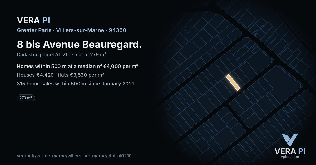 8 bis Avenue Beauregard, Villiers-sur-Marne at night – the plot lit, the parcels around coloured by the prices near them