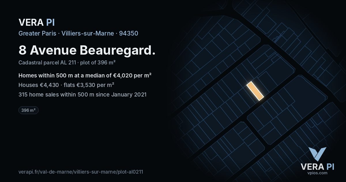 8 Avenue Beauregard, Villiers-sur-Marne at night – the plot lit, the parcels around coloured by the prices near them