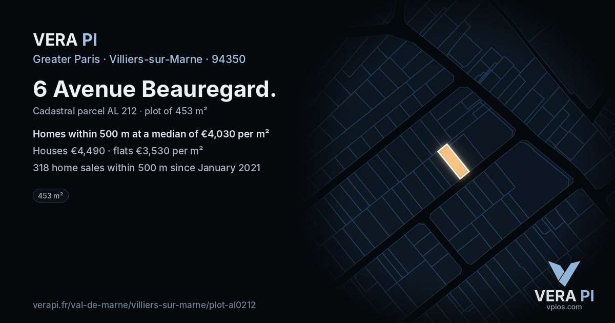 6 Avenue Beauregard, Villiers-sur-Marne at night – the plot lit, the parcels around coloured by the prices near them