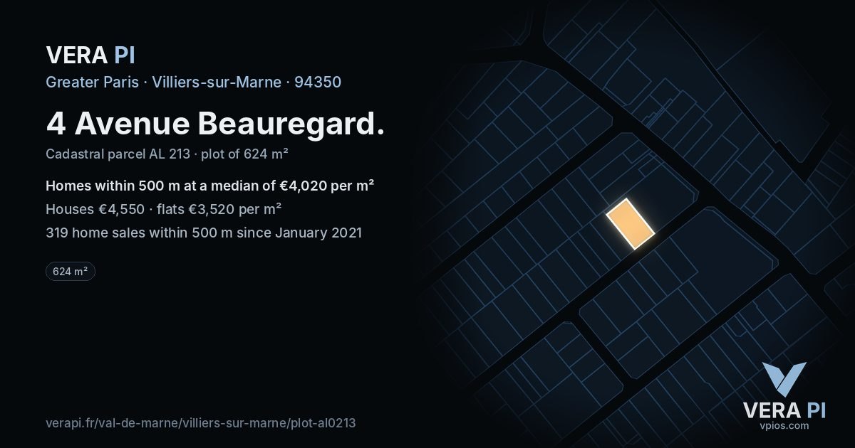 4 Avenue Beauregard, Villiers-sur-Marne at night – the plot lit, the parcels around coloured by the prices near them