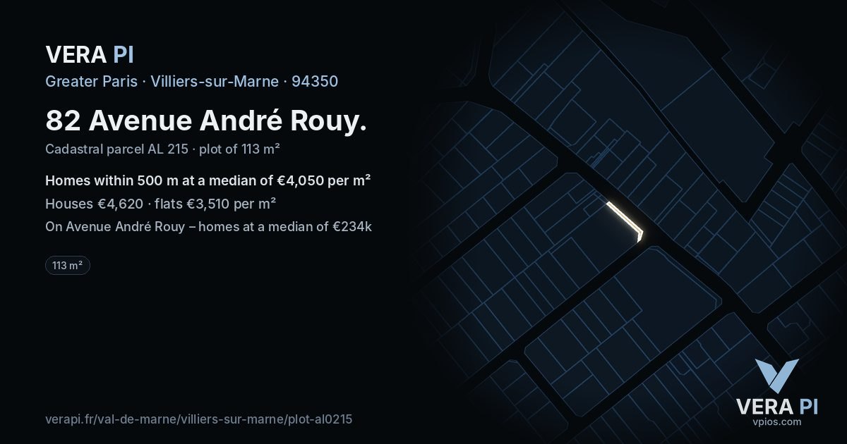82 Avenue André Rouy, Villiers-sur-Marne at night – the plot lit, the parcels around coloured by the prices near them