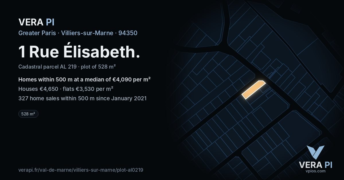 1 Rue Élisabeth, Villiers-sur-Marne at night – the plot lit, the parcels around coloured by the prices near them