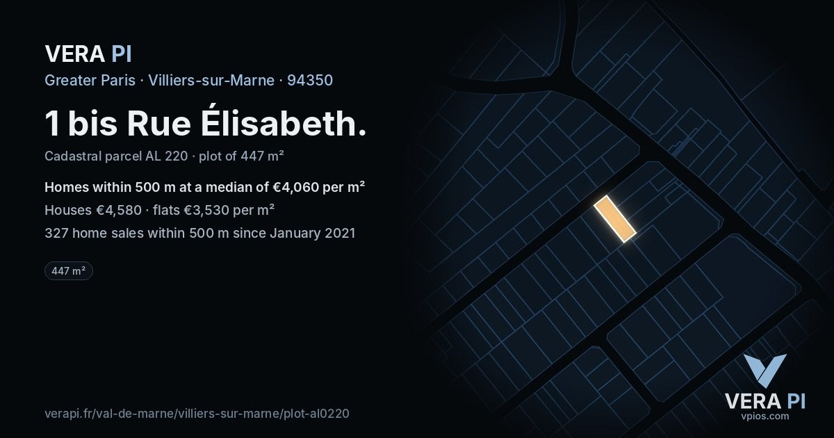 1 bis Rue Élisabeth, Villiers-sur-Marne at night – the plot lit, the parcels around coloured by the prices near them